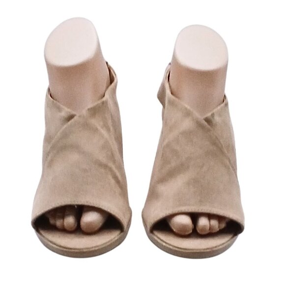 Dexflex Women Peep Toe High Block Heel Sandal Size 8 Boho Chic Vegan Textile Tan - Picture 2 of 7